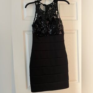Black Sequin Lace Bodice Bandage Dress